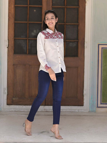 Block Printed White & Red Cotton Shirt